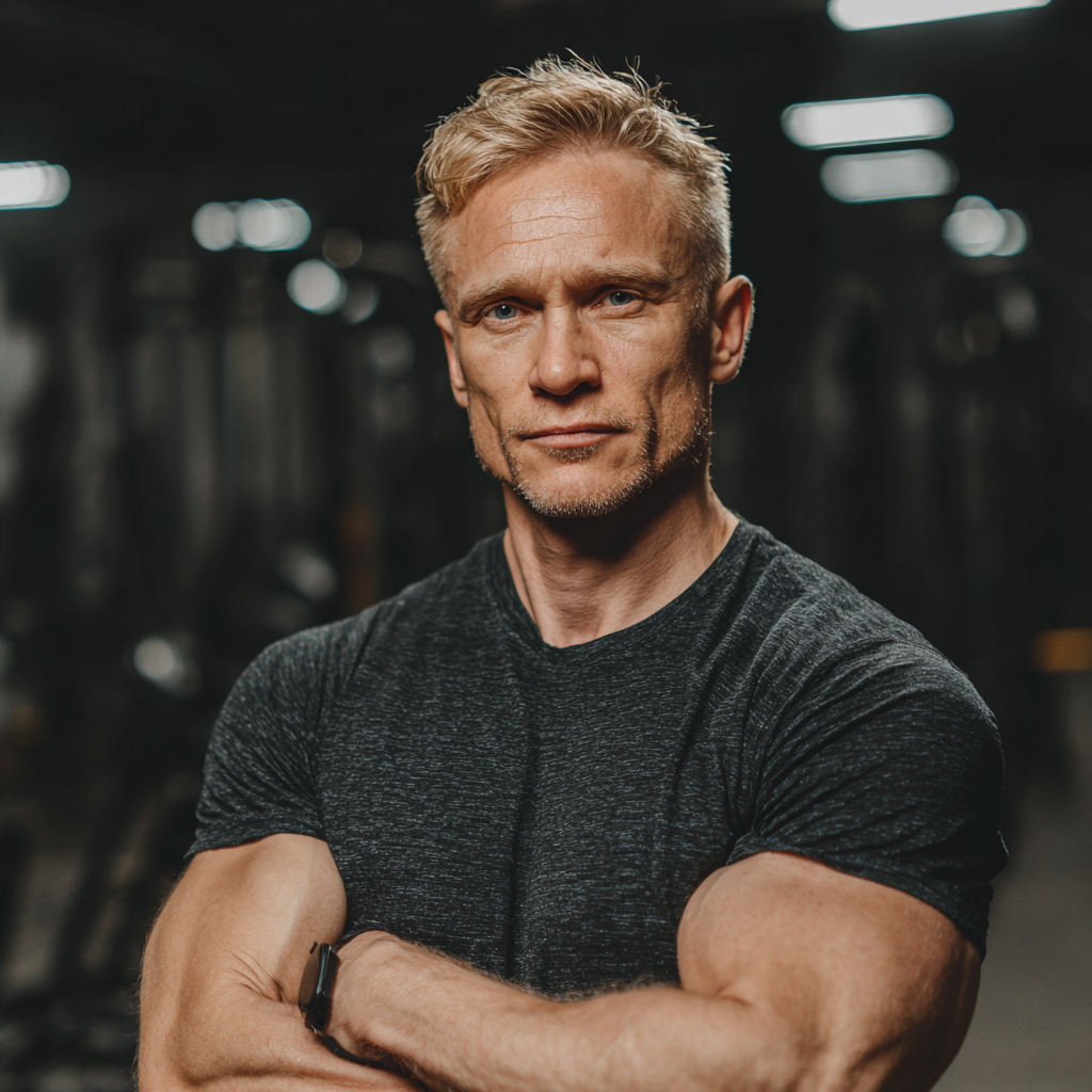 Сильний чоловік з гантелями